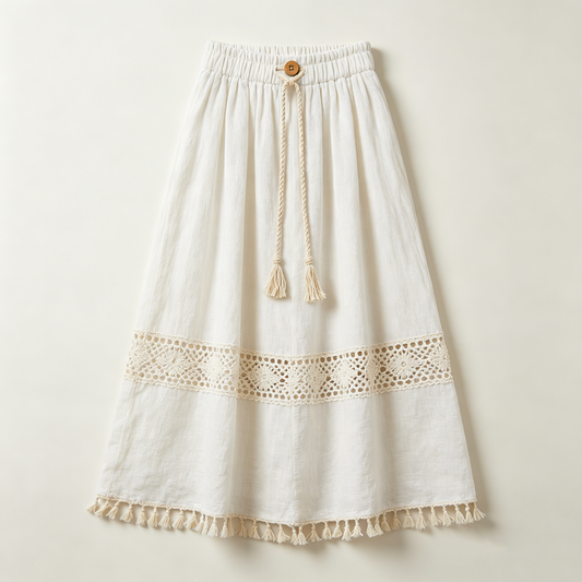 Cream Crochet Tassel Maxi Skirt