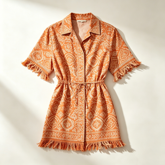 Orange Fringe Printed Shirt Dress
