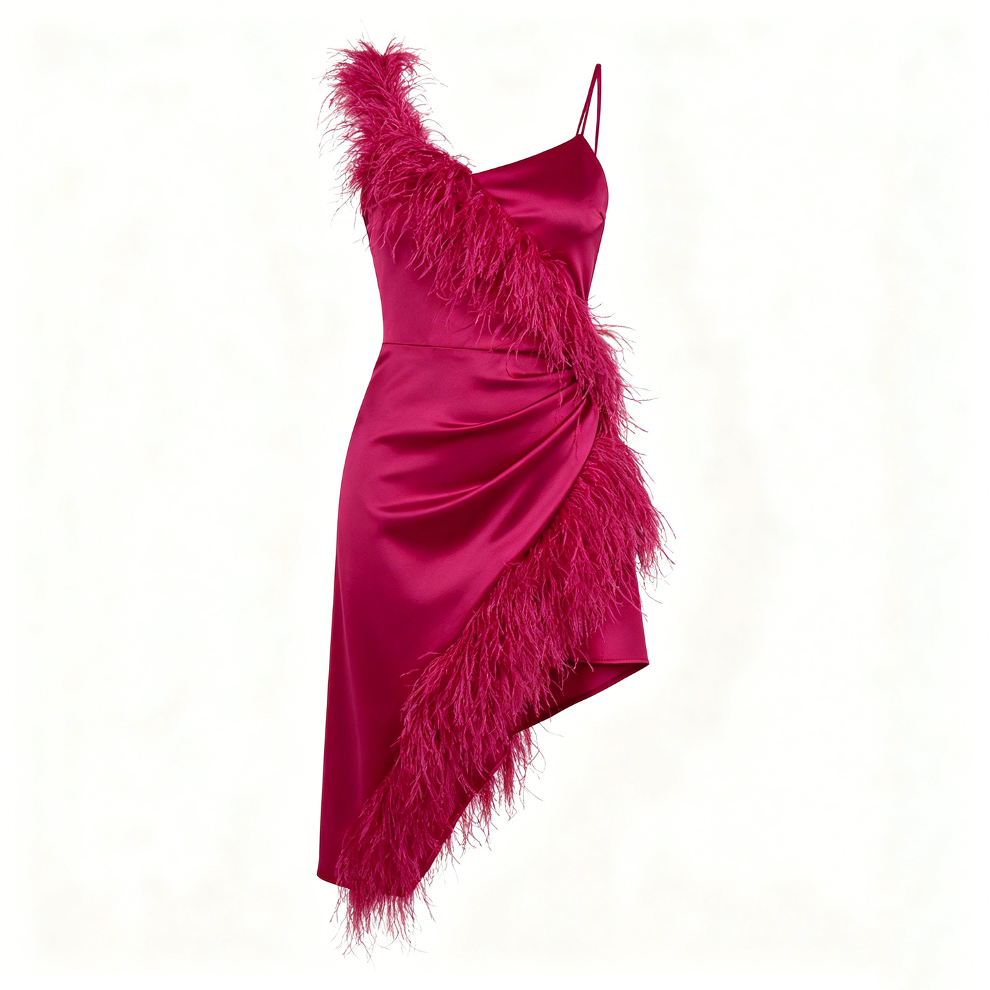 Magenta Feather Trim Satin Dress
