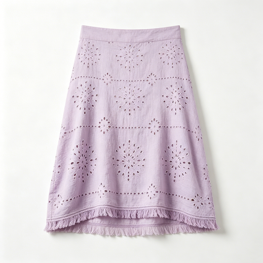 Lavender Eyelet Fringe Midi Skirt