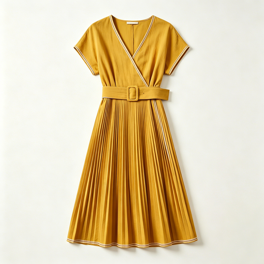 Mustard Belted Pleated Midi Dress