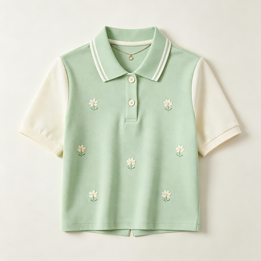 Mint Daisy Embroidered Raglan Polo