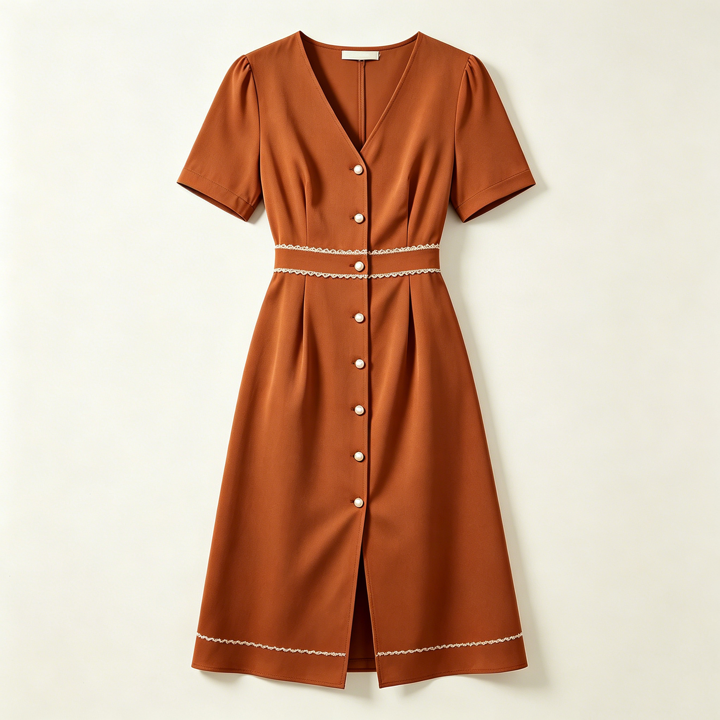 Caramel Lace Trim Button Dress