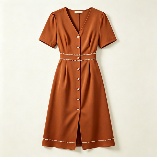 Caramel Lace Trim Button Dress