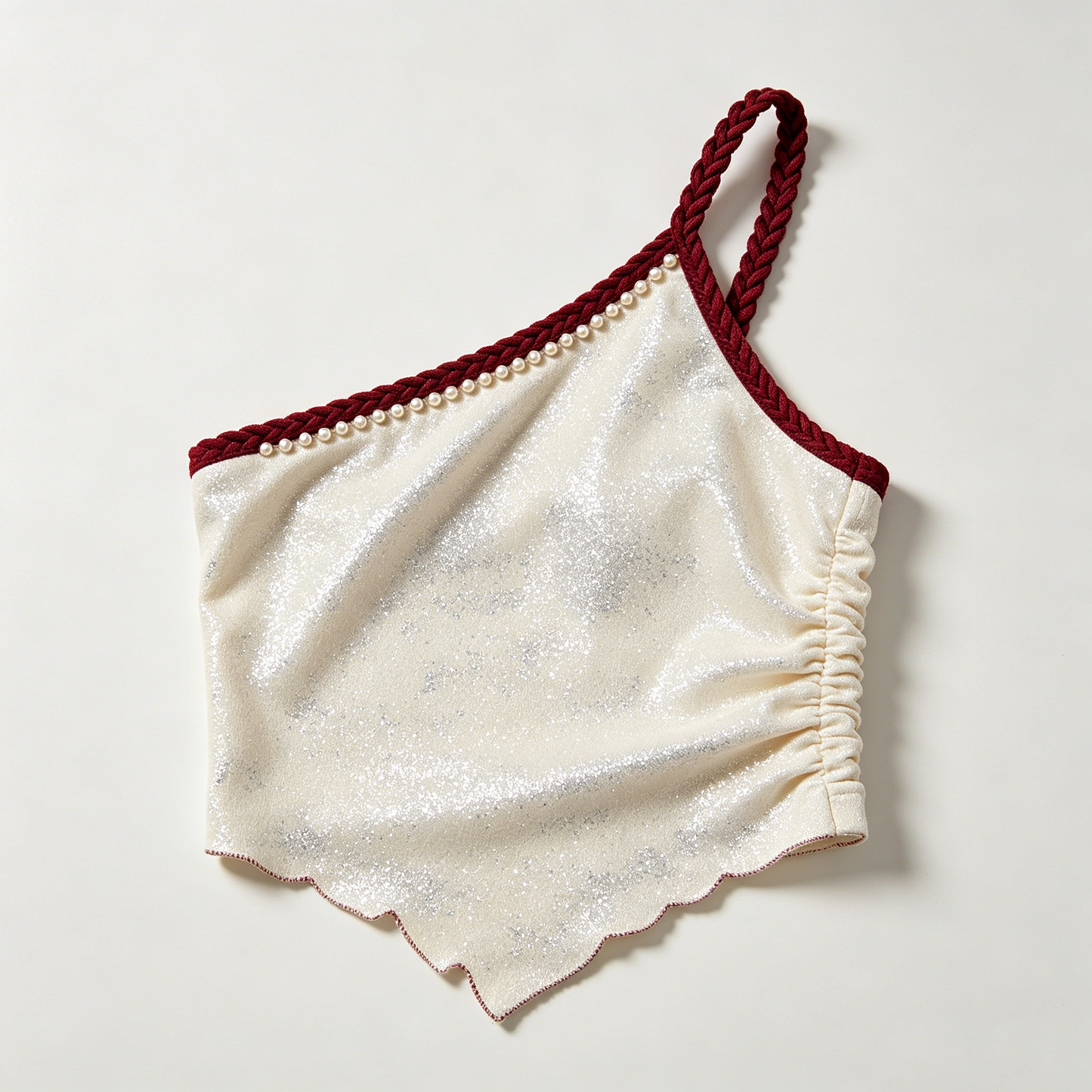 Cream Glitter Pearl One-Shoulder Top