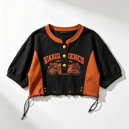 Black & Orange Moto Embroidered Crop Top