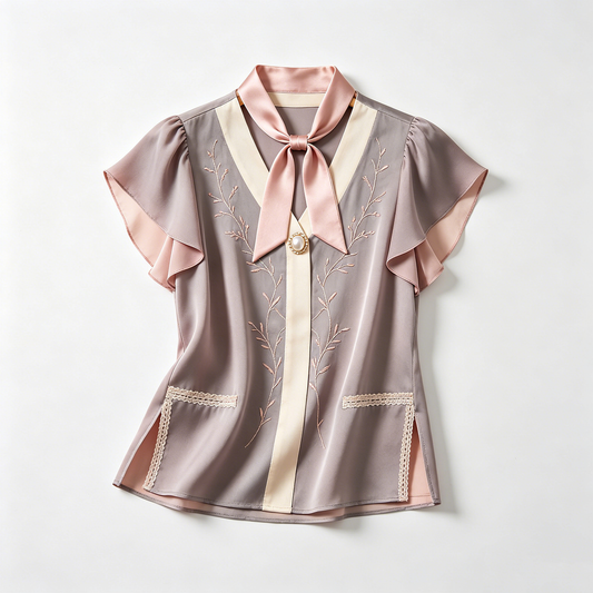 Mauve Satin Bow Tie Embroidered Blouse