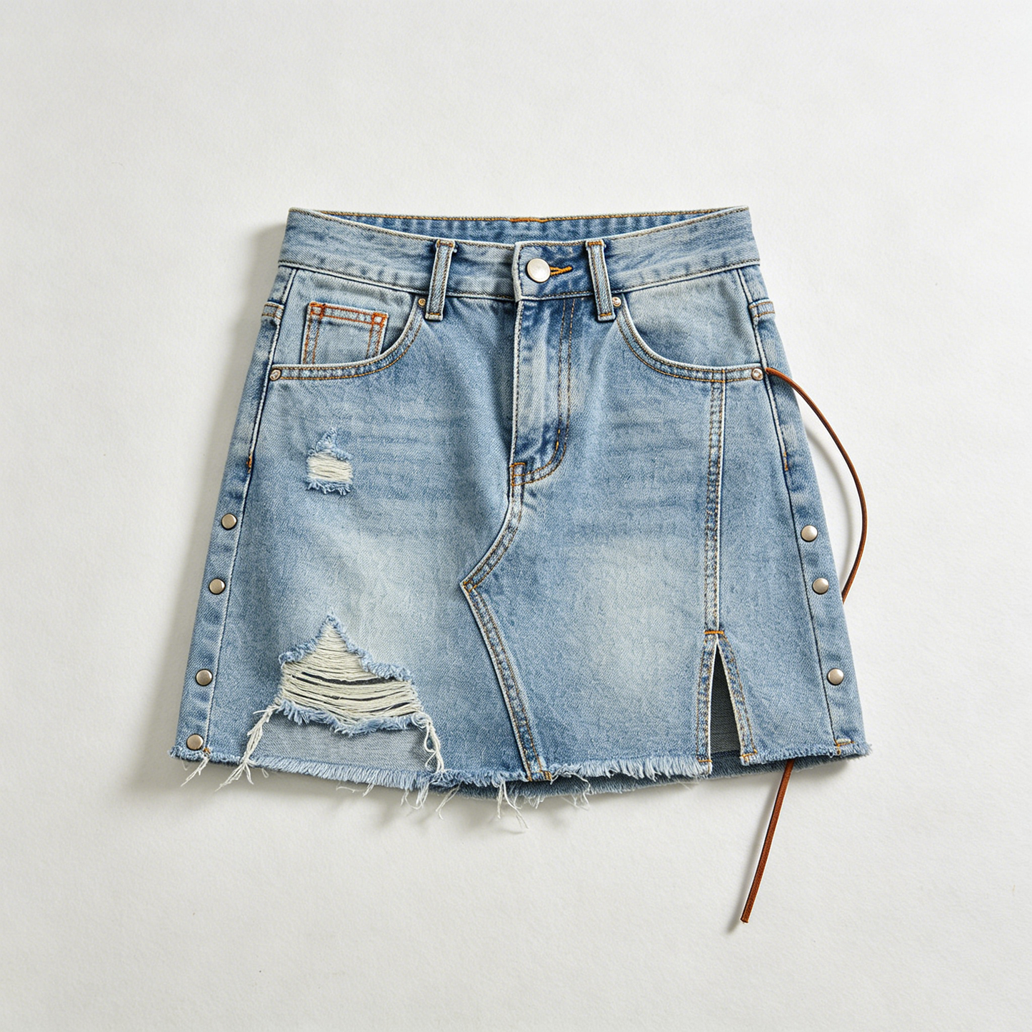 Distressed Studded Denim Mini Skirt