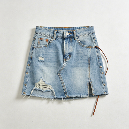 Distressed Studded Denim Mini Skirt