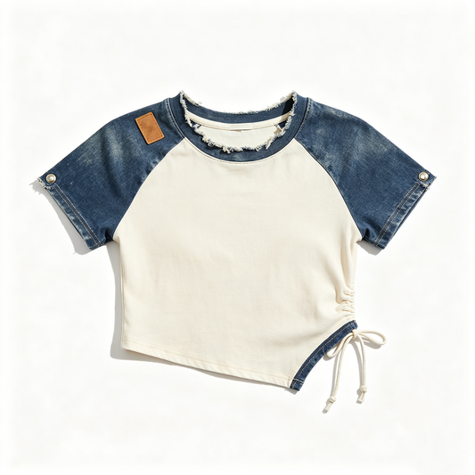 Denim & Cream Raglan Ruched Crop Tee