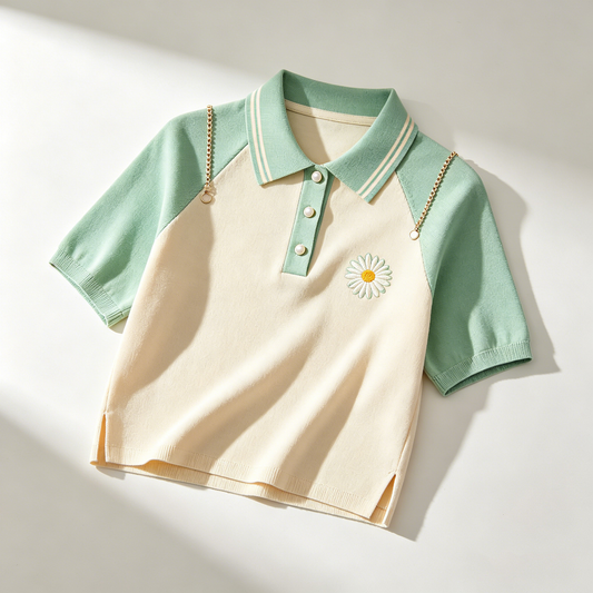 Daisy Embroidered Raglan Knit Polo