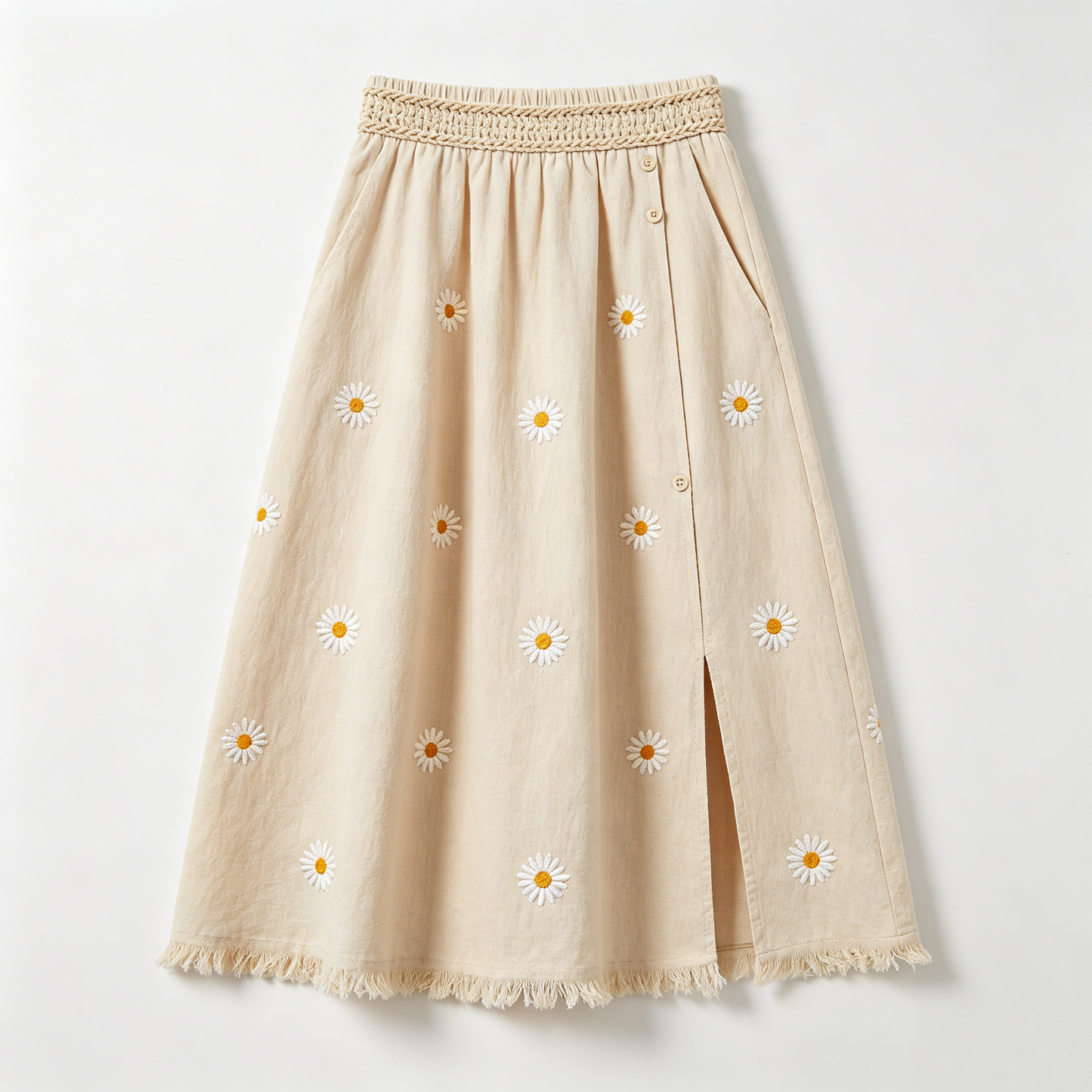Daisy Embroidered Linen Midi Skirt