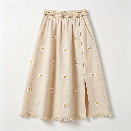 Daisy Embroidered Linen Midi Skirt