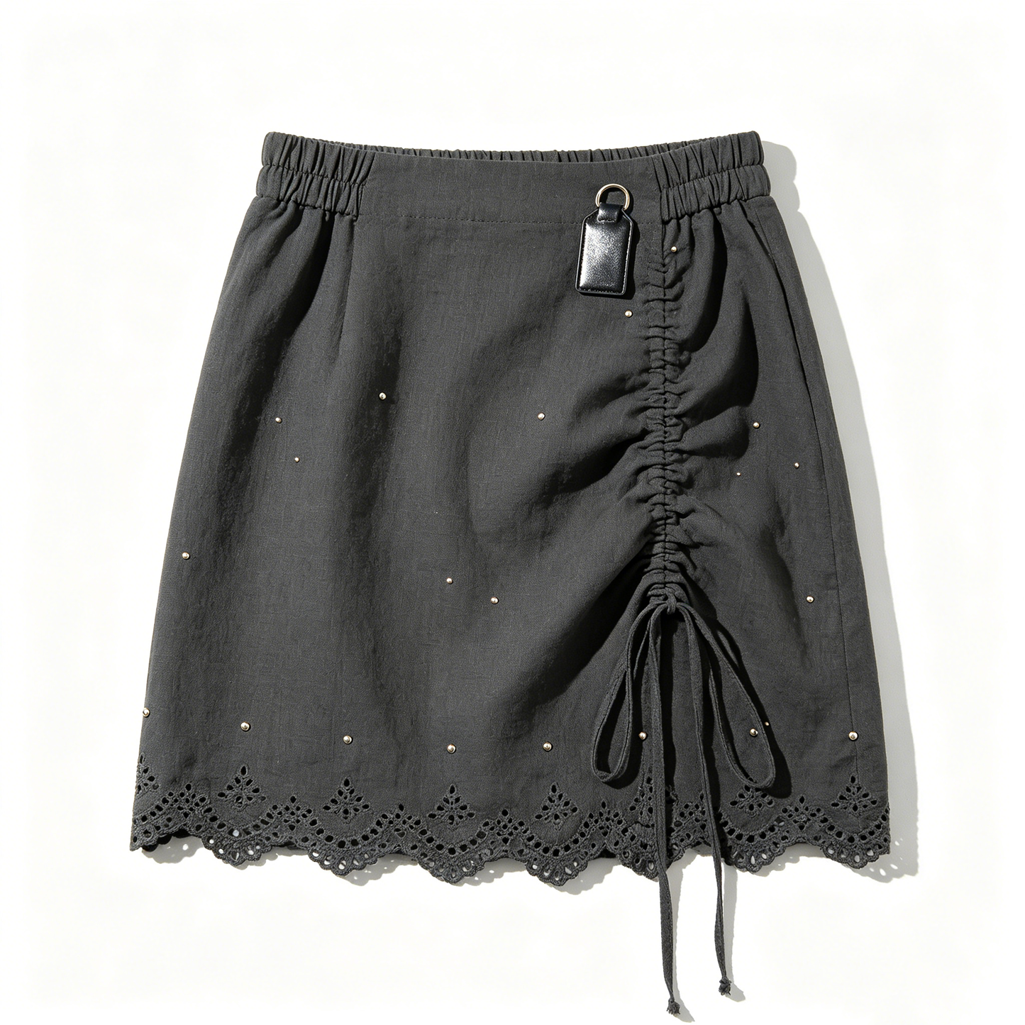 Black Studded Ruched Lace Trim Skirt