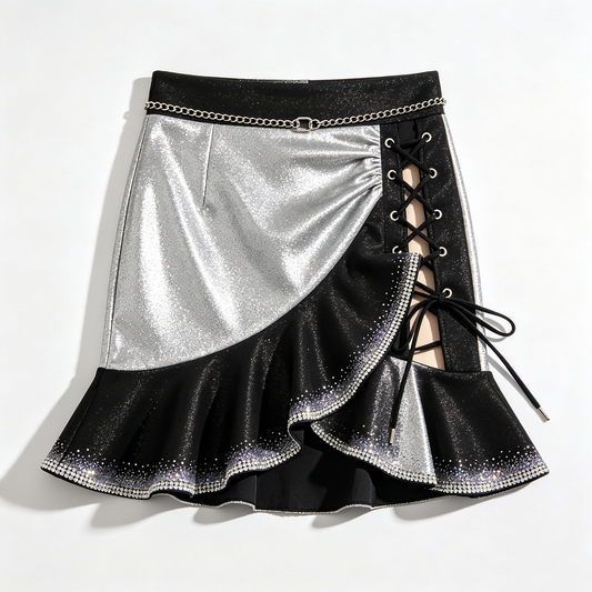 Silver & Black Glitter Lace-Up Ruffle Skirt