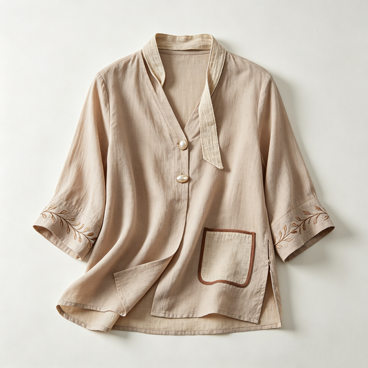 Linen Embroidered V-Neck Blouse