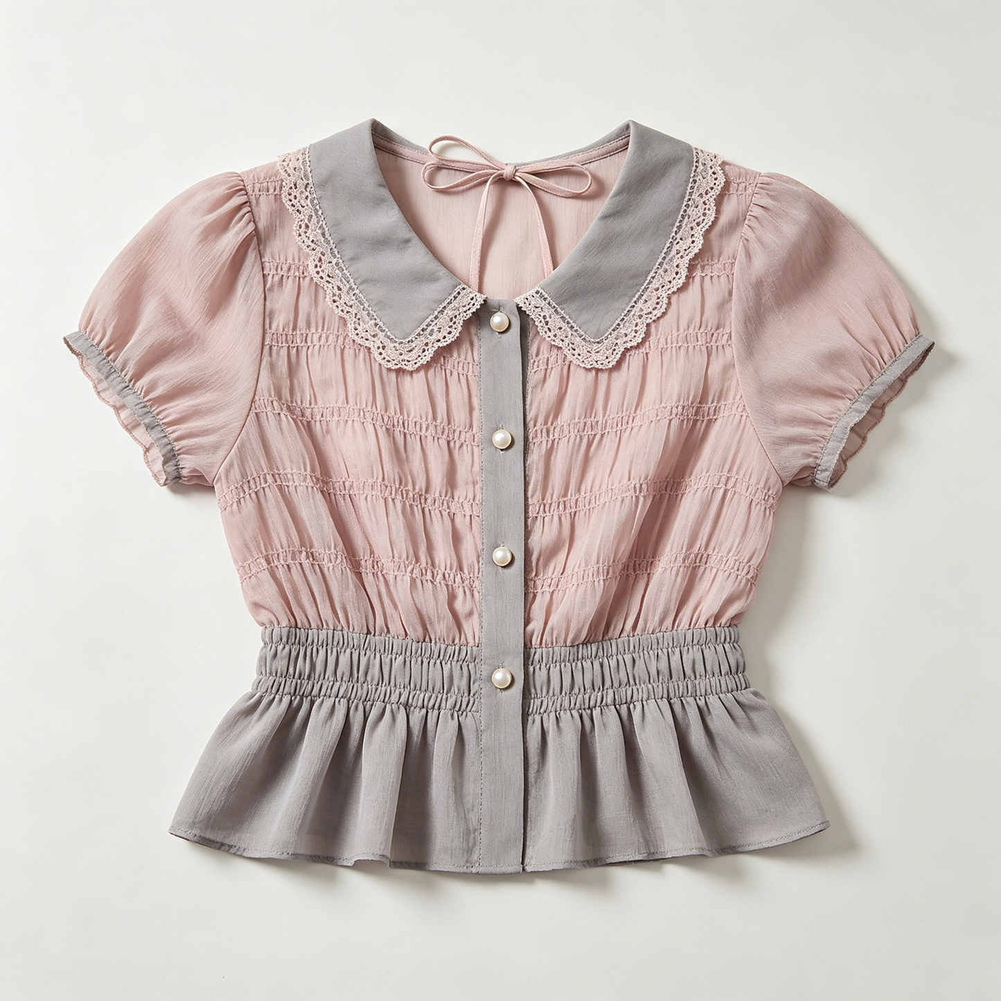 Lace Collar Smocked Waist Blouse