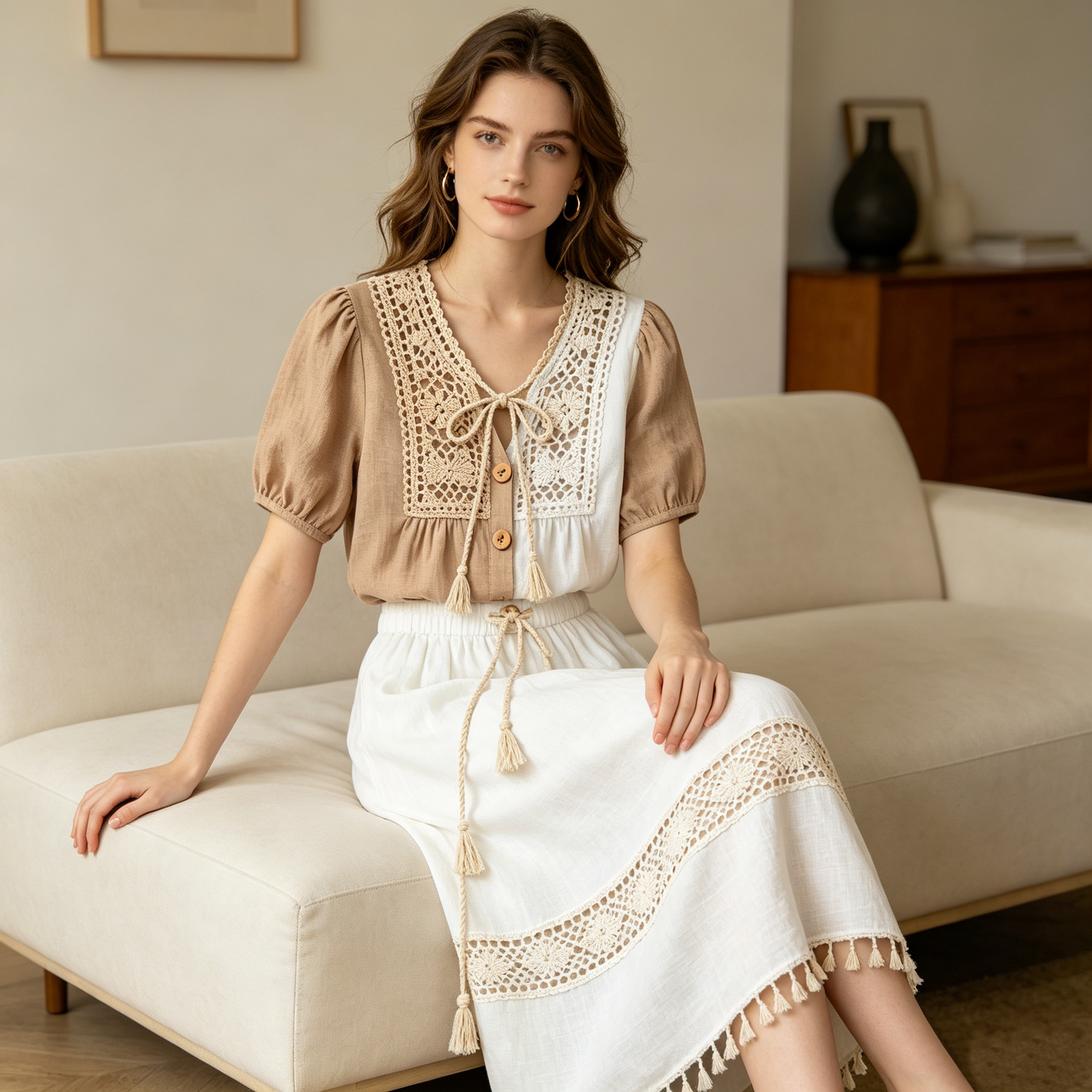 Crochet Tassel Colorblock Linen Top