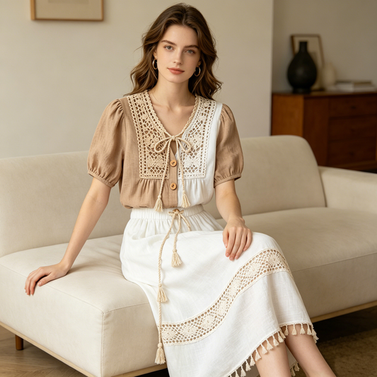Crochet Tassel Colorblock Linen Top
