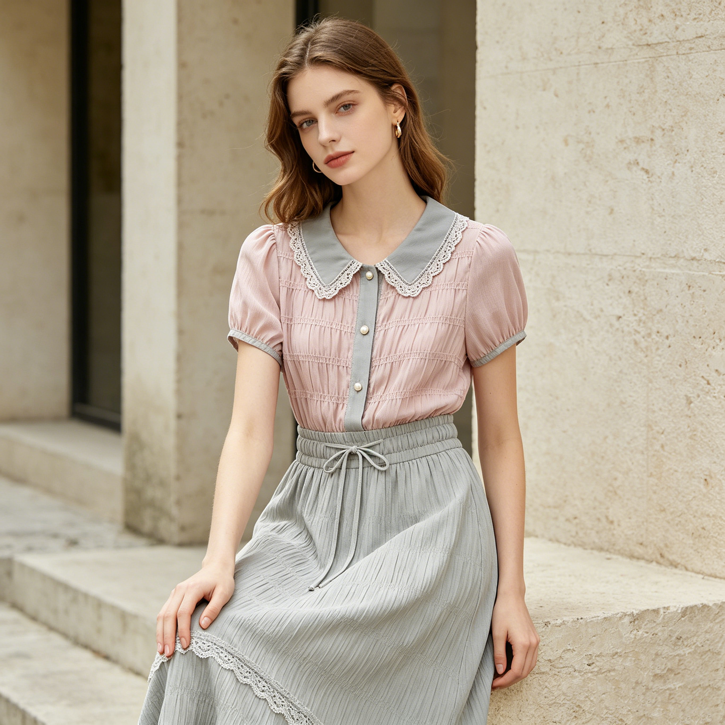 Lace Collar Smocked Waist Blouse