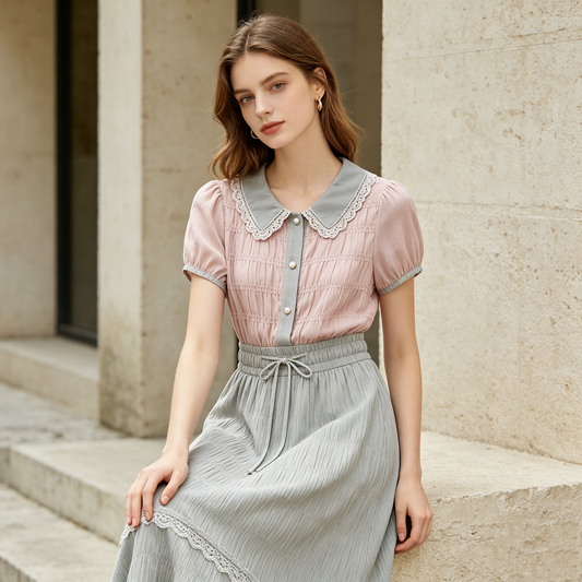 Lace Collar Smocked Waist Blouse