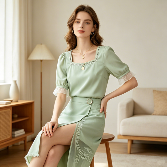 Lace Trim Square Neck Blouse