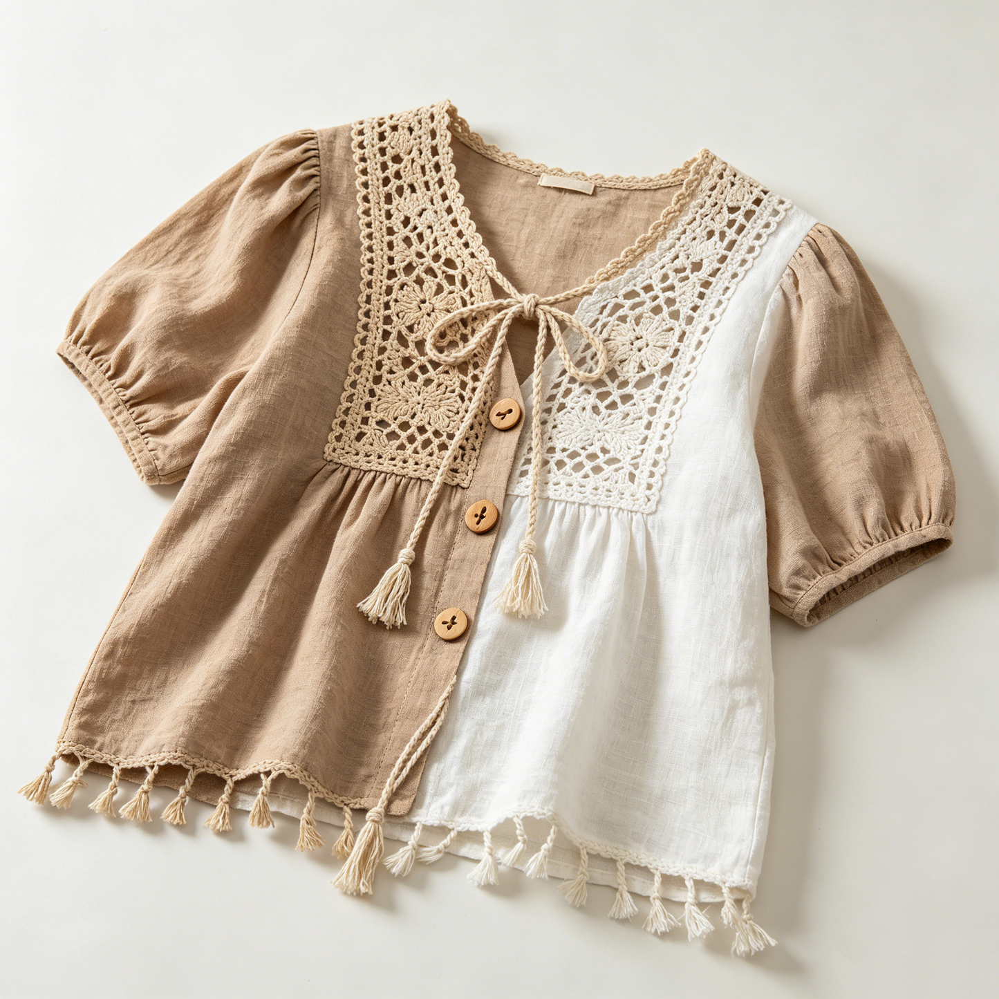 Crochet Tassel Colorblock Linen Top