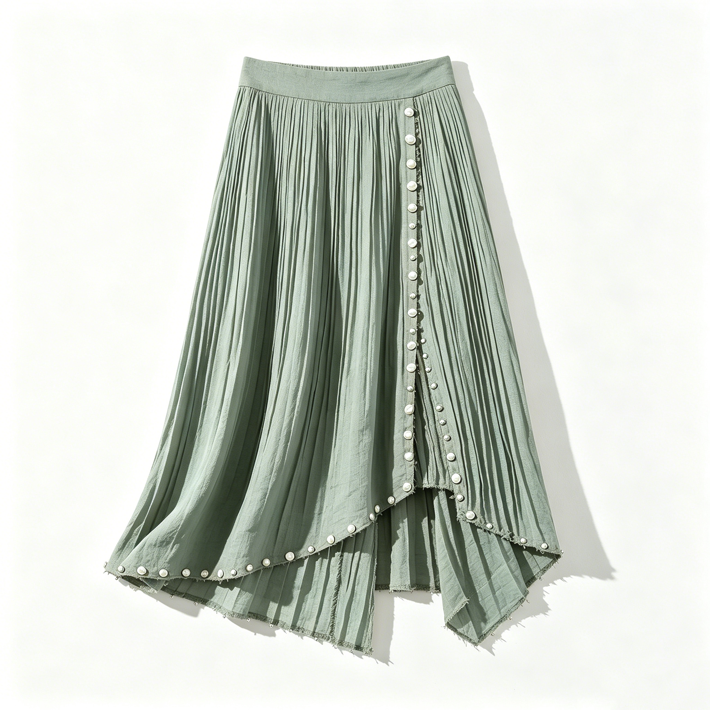 Sage Pearl Pleated Asymmetrical Skirt