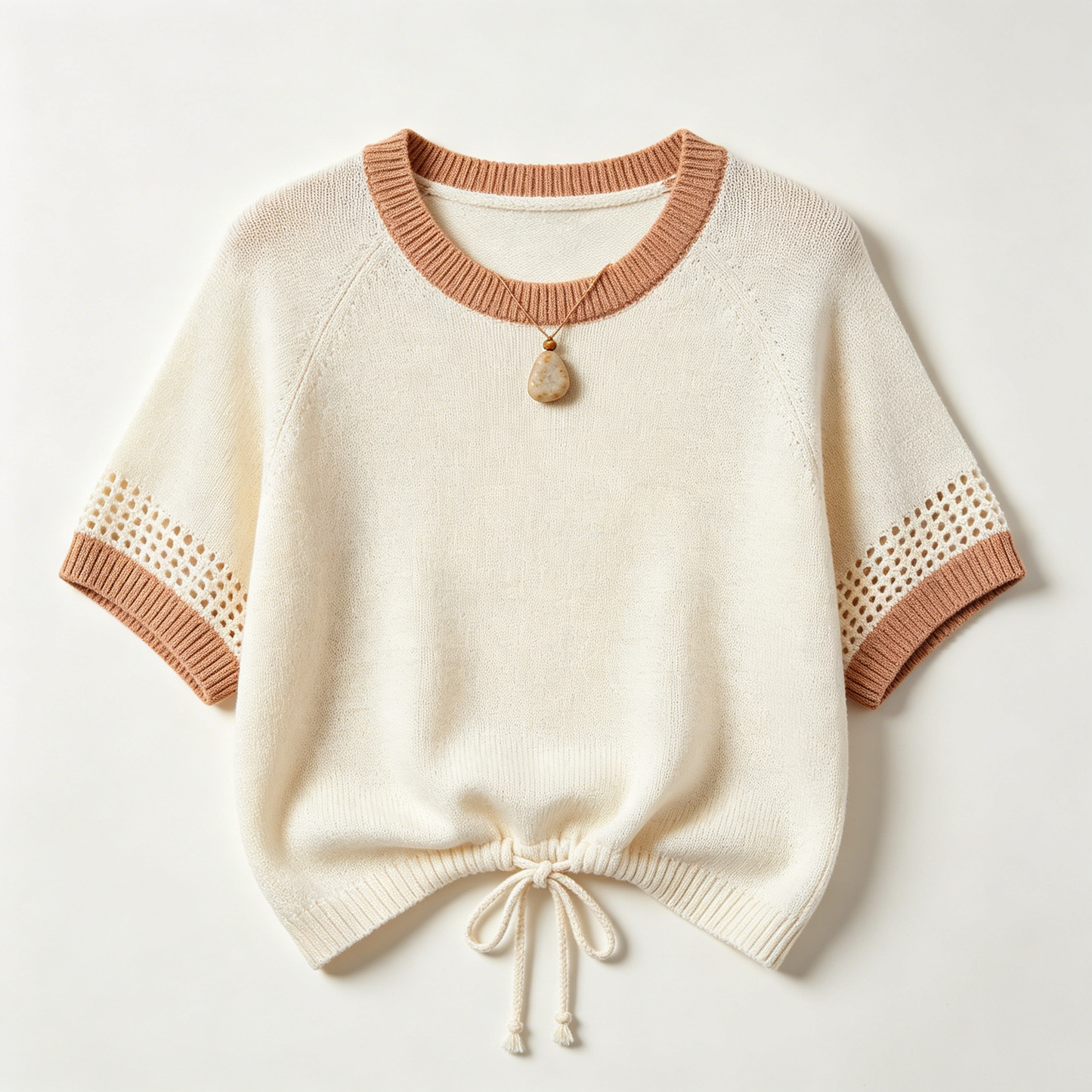 Cream & Terracotta Knit Drawstring Top