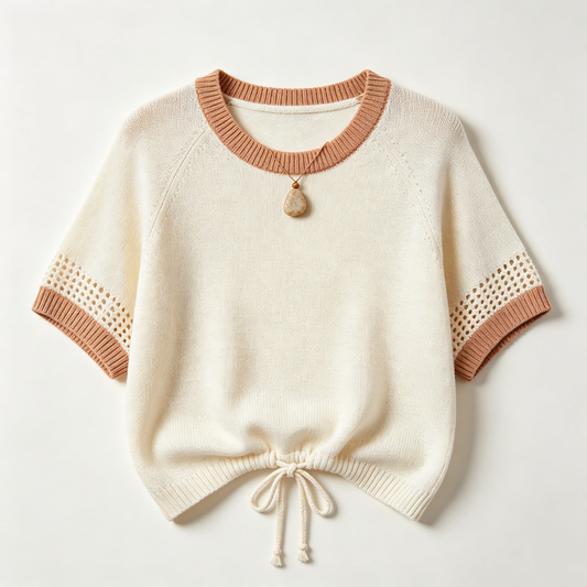 Cream & Terracotta Knit Drawstring Top