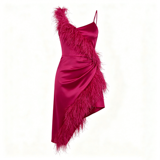 Magenta Feather Trim Satin Dress