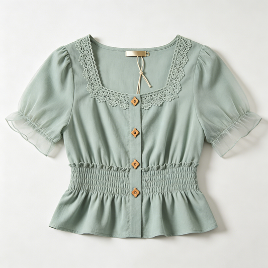Sage Lace Trim Smocked Waist Blouse