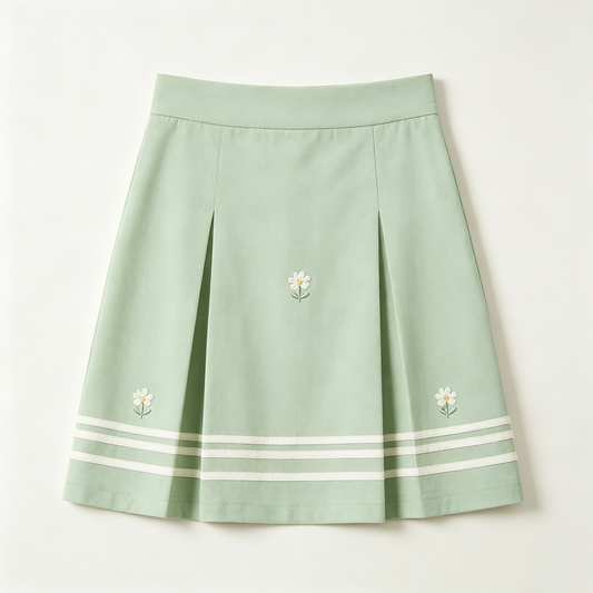 Mint Daisy Embroidered Pleated Skirt