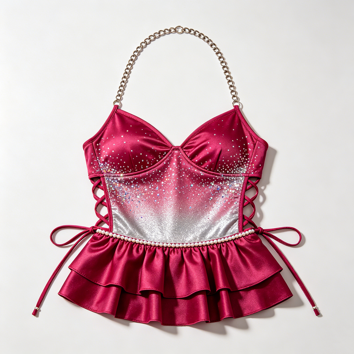 Red-Silver Gradient Rhinestone Halter Top