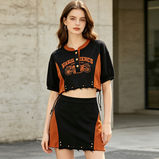 Black & Orange Moto Embroidered Crop Top