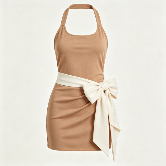 Camel Halter Dress with White Bow