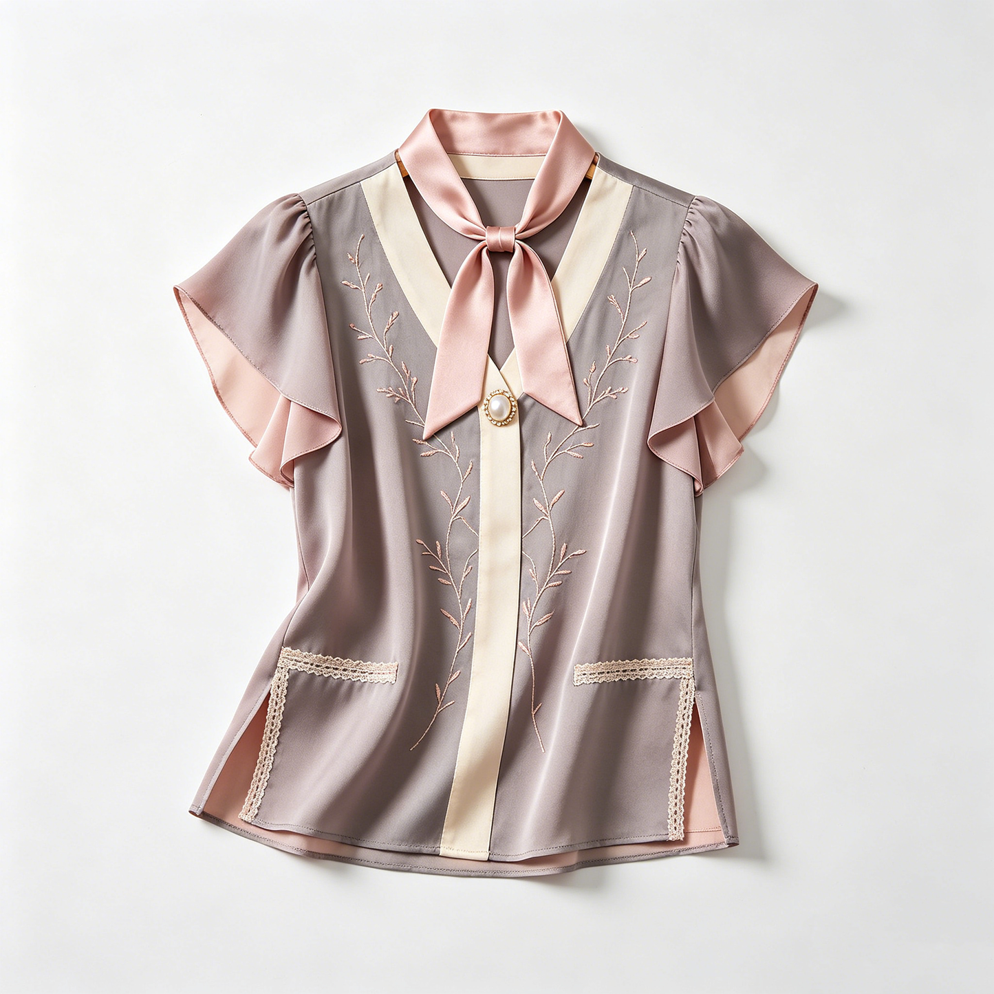 Mauve Satin Bow Tie Embroidered Blouse