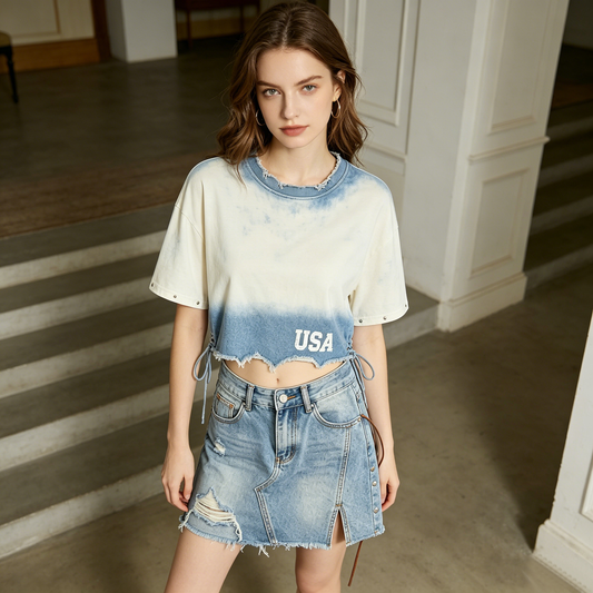 Distressed Studded Denim Mini Skirt