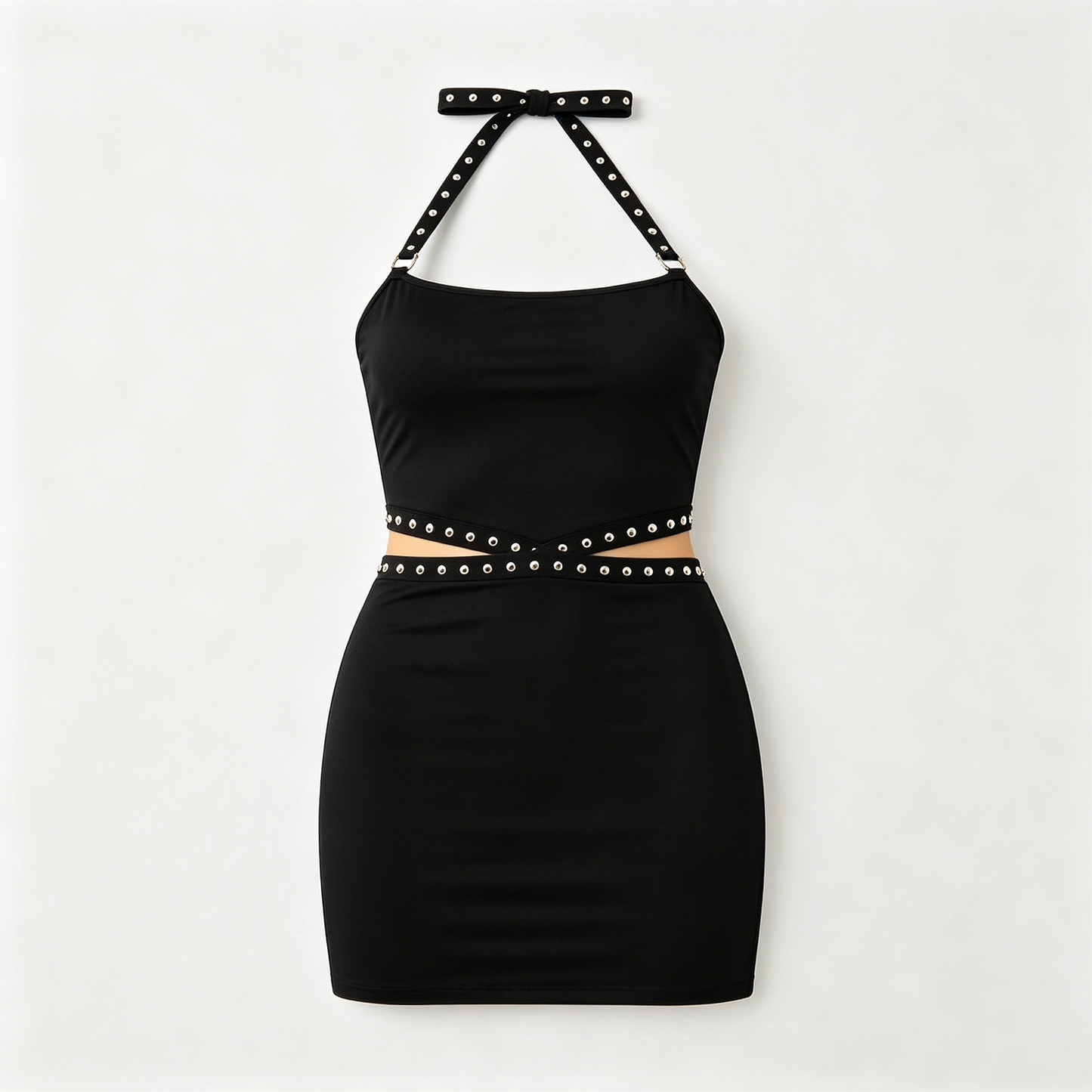 Black Studded Cutout Halter Mini Dress