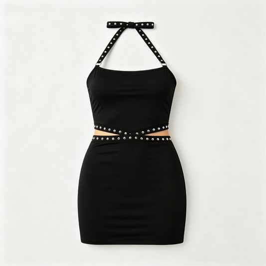 Black Studded Cutout Halter Mini Dress