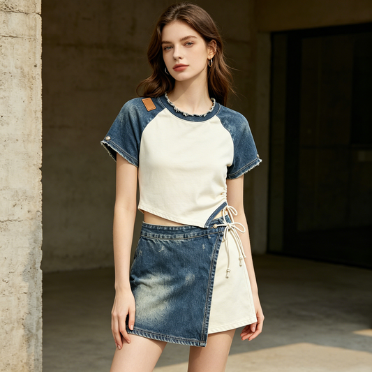 Denim & Cream Raglan Ruched Crop Tee