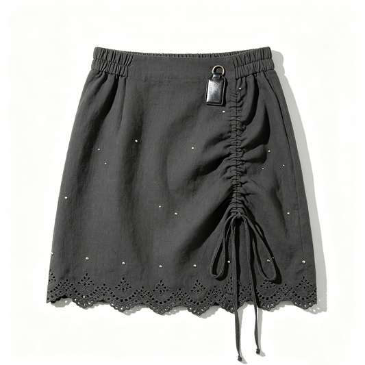 Black Studded Ruched Lace Trim Skirt
