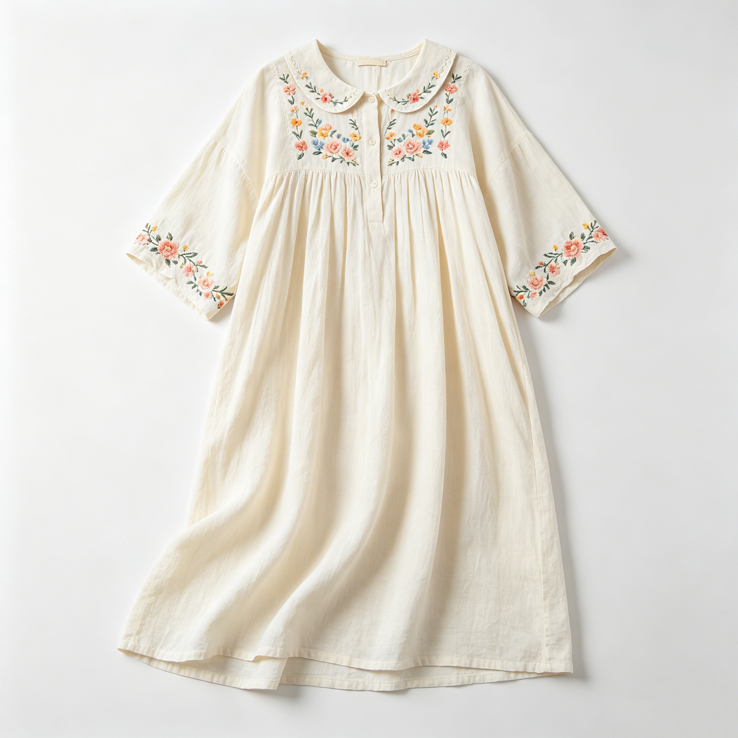 Cream Embroidered Linen-Cotton Dress