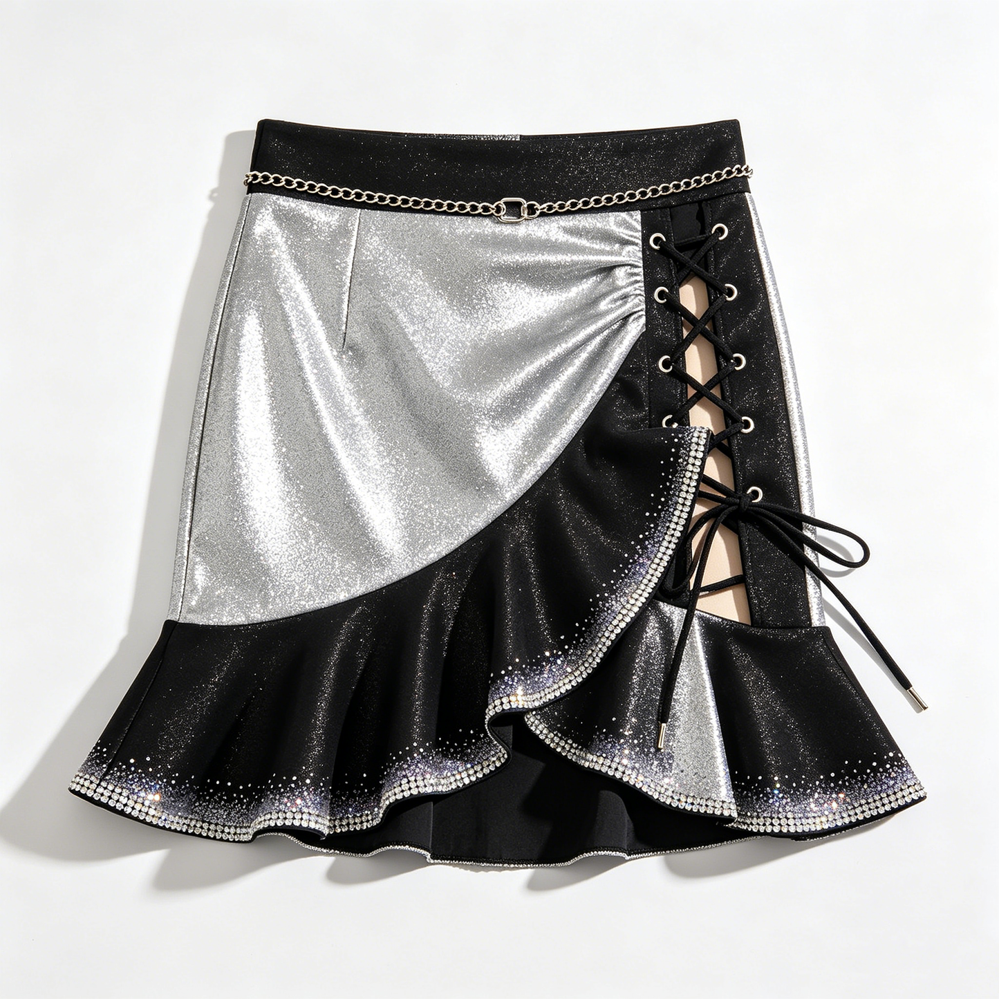 Silver & Black Glitter Lace-Up Ruffle Skirt