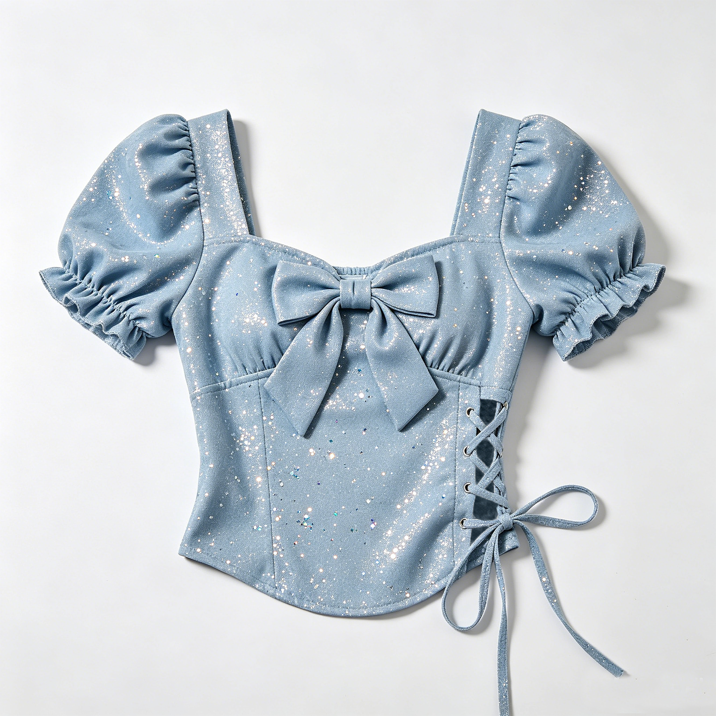Glitter Bow Puff Sleeve Corset Top