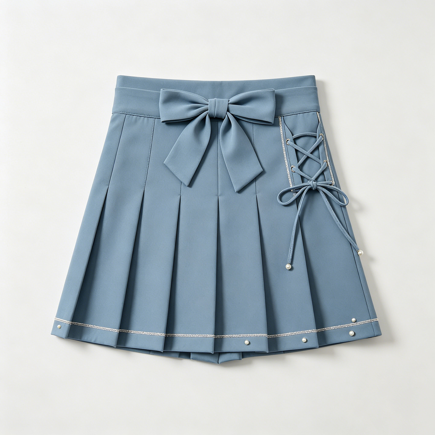 Blue Bow Pleated Mini Skirt