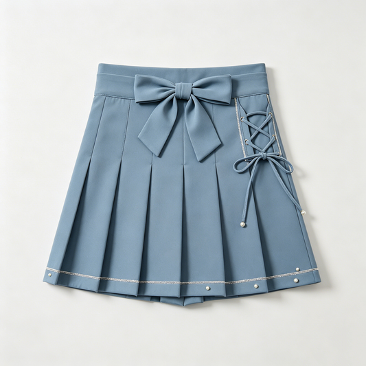 Blue Bow Pleated Mini Skirt