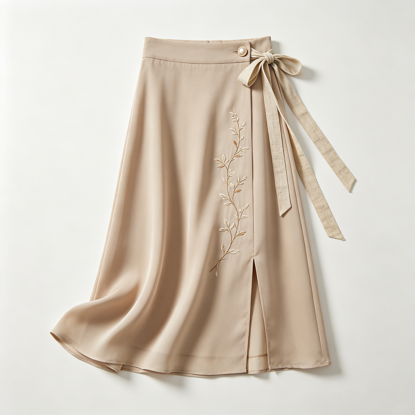 Beige Embroidered Tie-Waist Midi Skirt