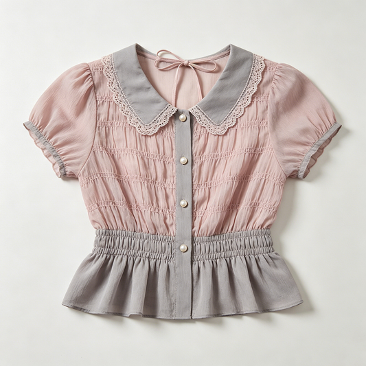 Lace Collar Smocked Waist Blouse