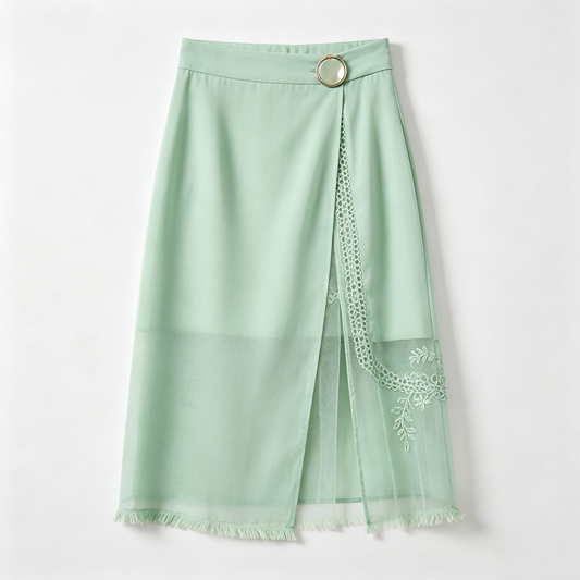 Mint Green Lace Mesh Midi Skirt